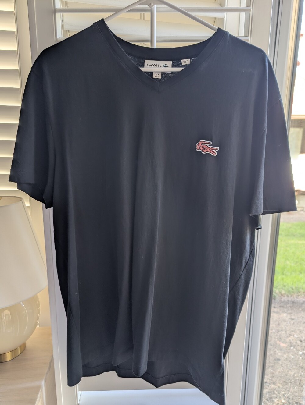 Lacoste V Neck T Shirt Men's XL Black Pink Crocodile Logo Regular Fit